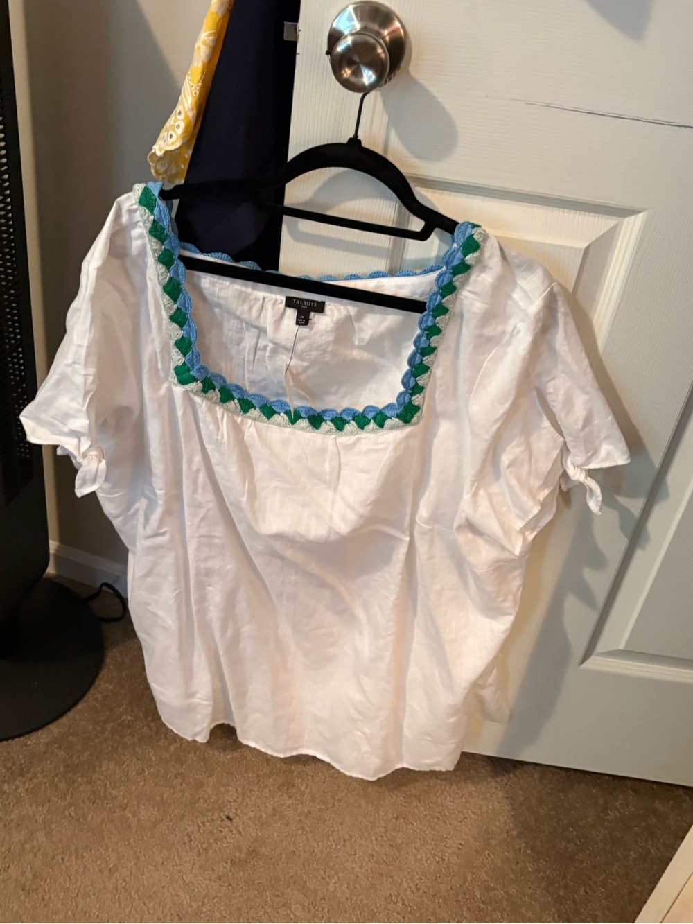 Talbots White Cotton Square-Neck Top with Blue and Green Trim